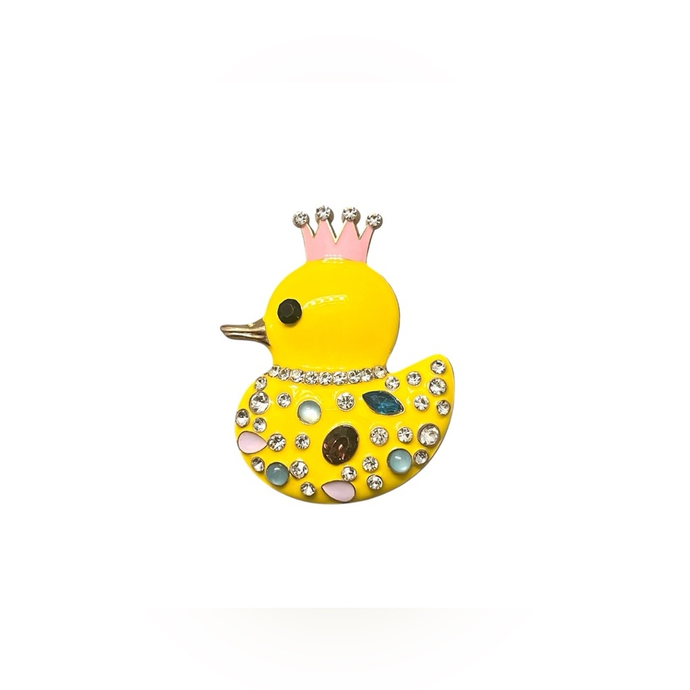 Gold Toned Yellow Enamel Crown Duck Brooch with Rhinestones